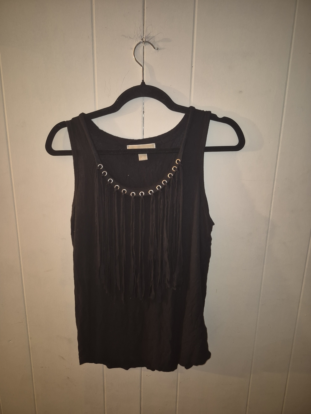 Michael Kors Black Fringe Tank with Grommet Trim